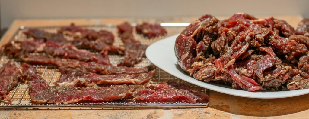 Trays of sliced biltong-style dried meat