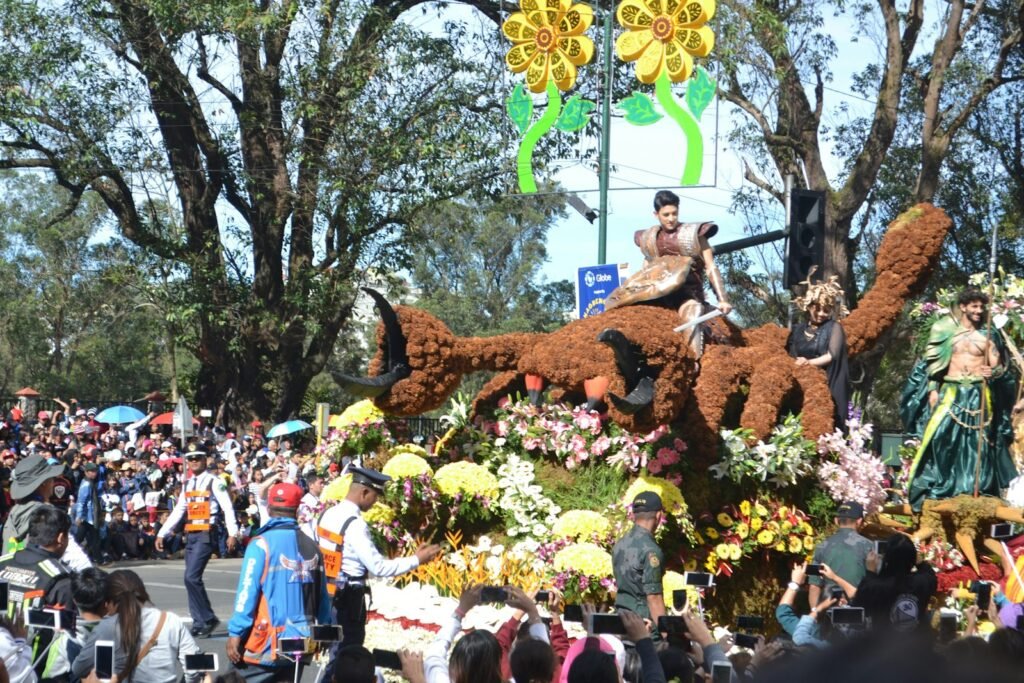 Flower covered float in a parade
