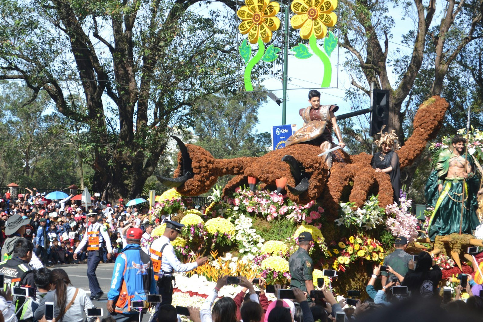 Flower covered float in a parade