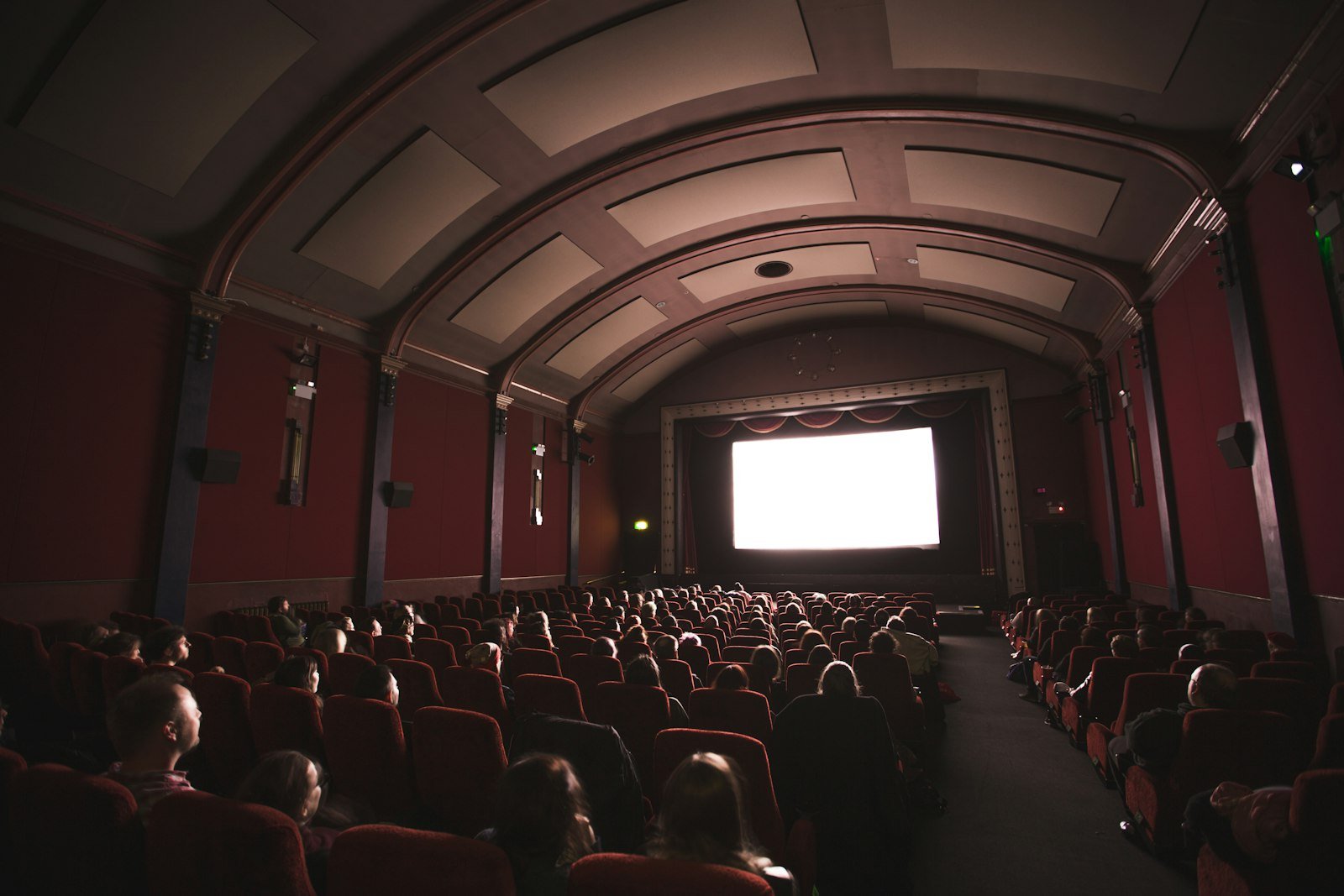 Audience in a dark cinema facing a bright screen