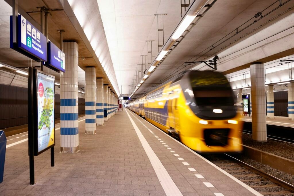 A yellow Dutch train