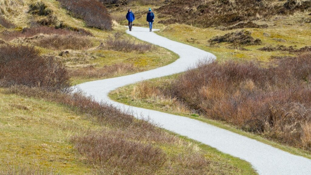 Two people walking on a path through green fields in the Netherlands