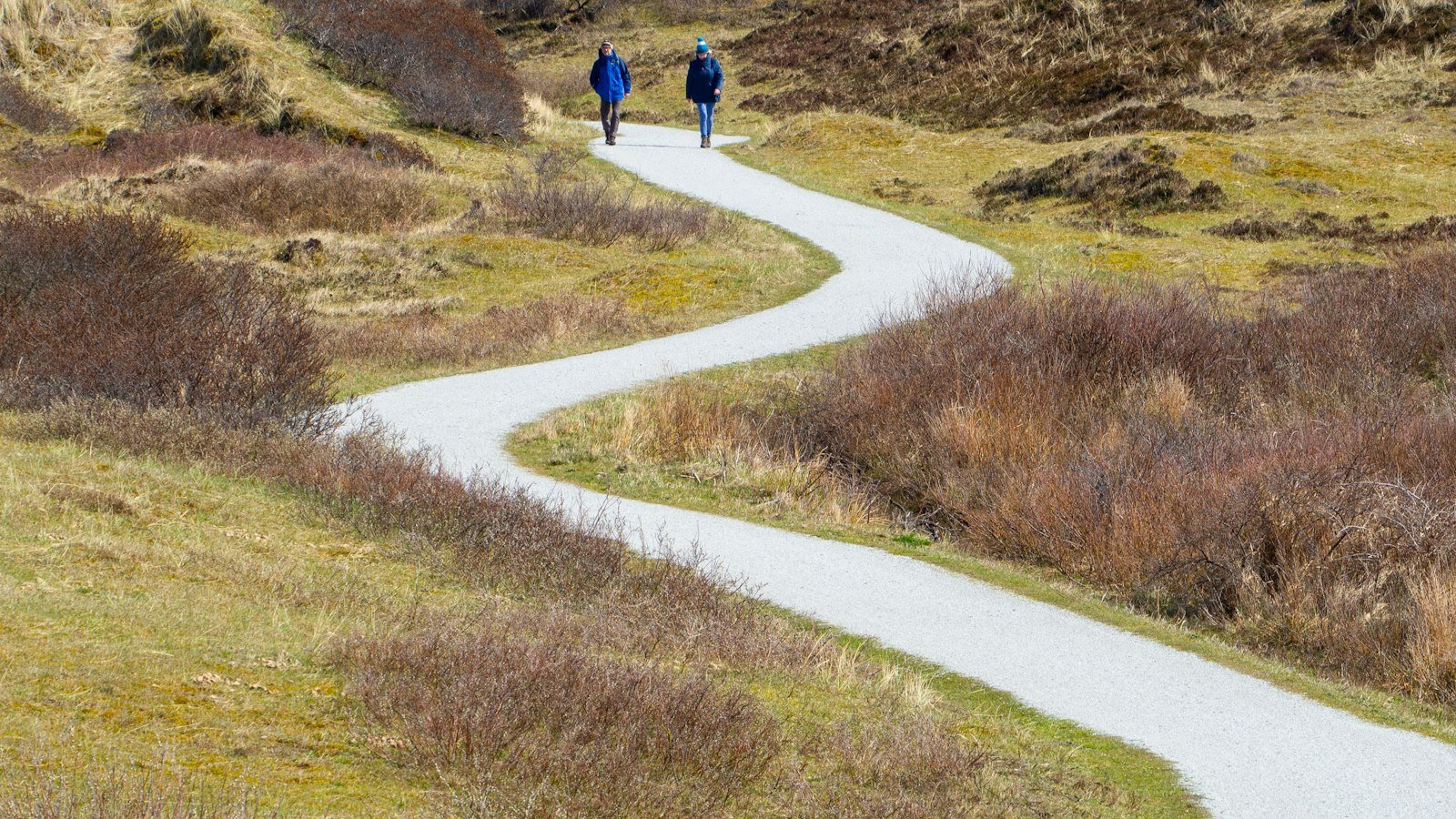 Two people walking on a path through green fields in the Netherlands