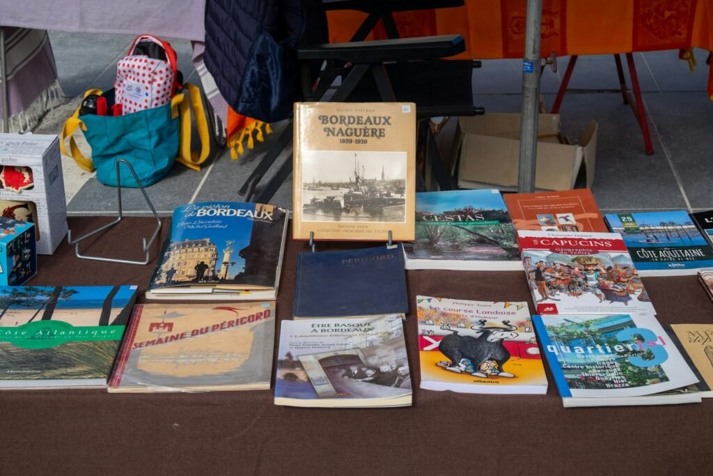 Books displayed on a market table