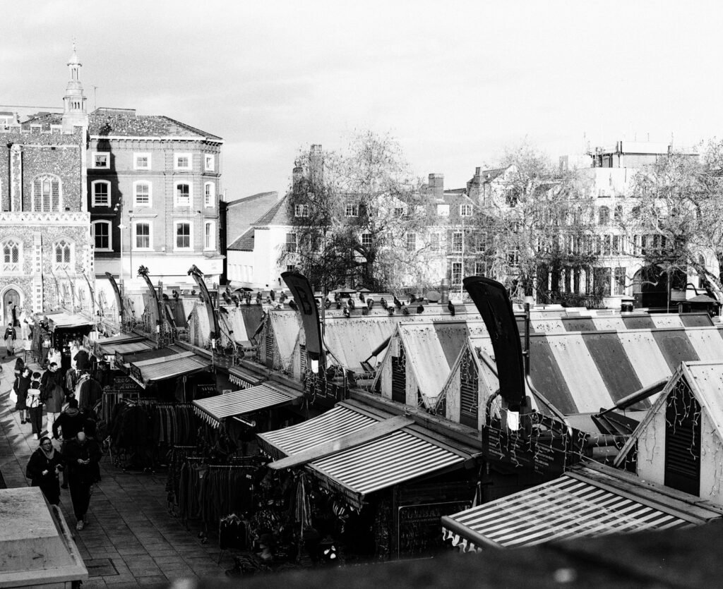 Busy market with vendor stalls