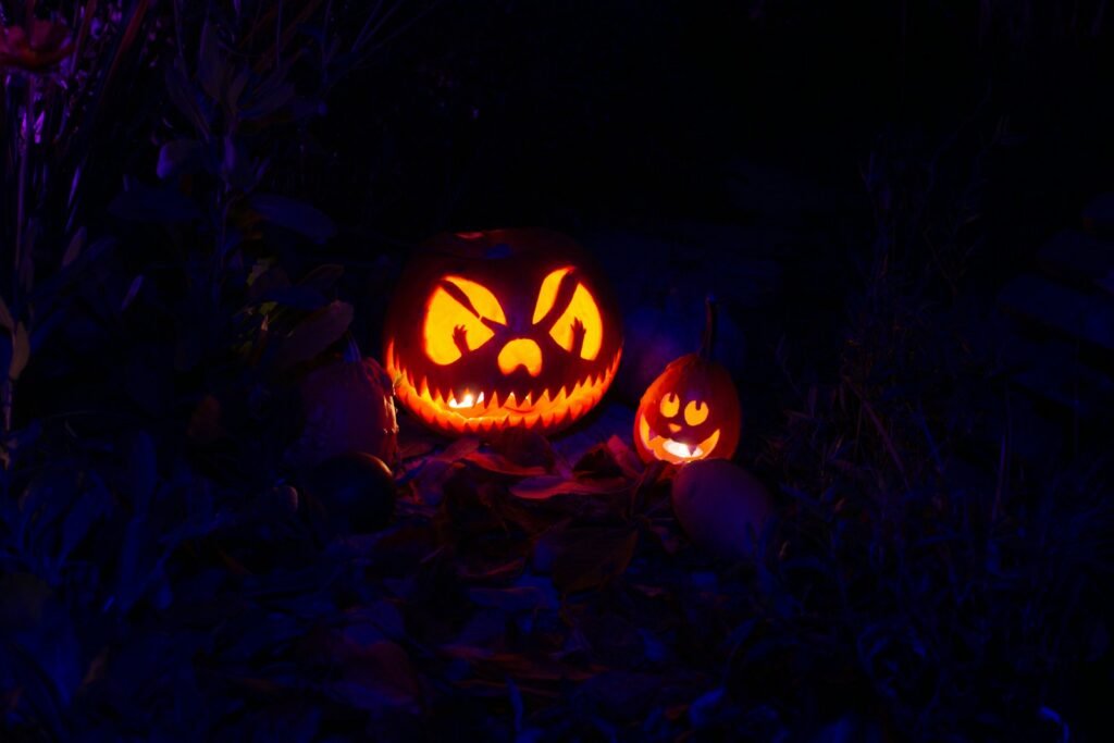 Jack-o-lanterns glowing in the dark