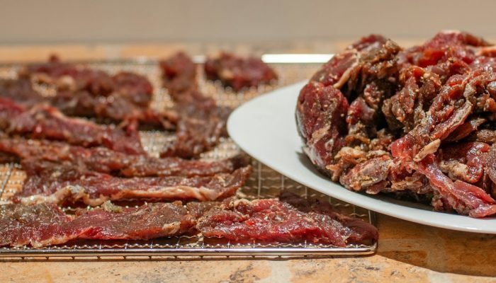 Trays of sliced biltong-style dried meat