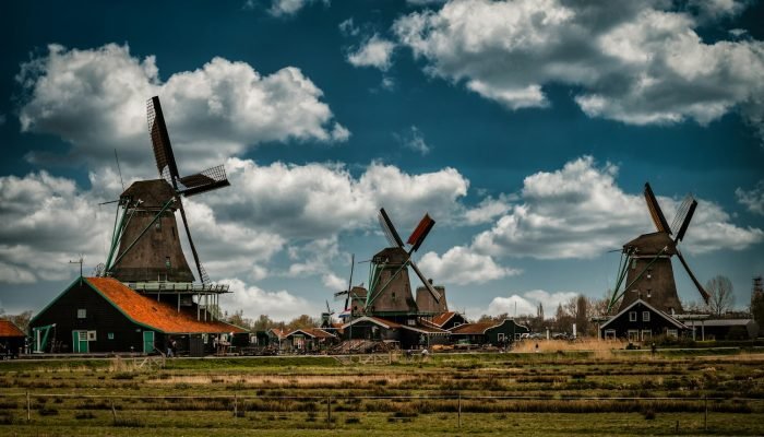 Windmills in a green field