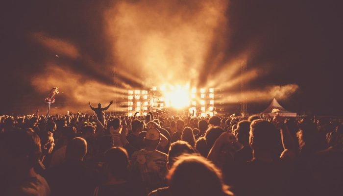 Audience in front of a lit-up stage at a live music concert